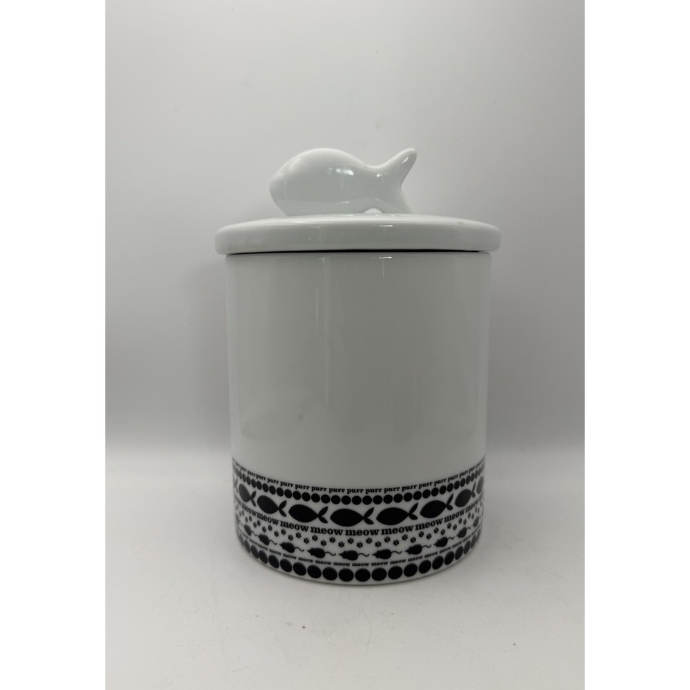 Crate & Barrel Cat Treat Canister Fish Lid Black White Ceramic 6.5" Pet Storage